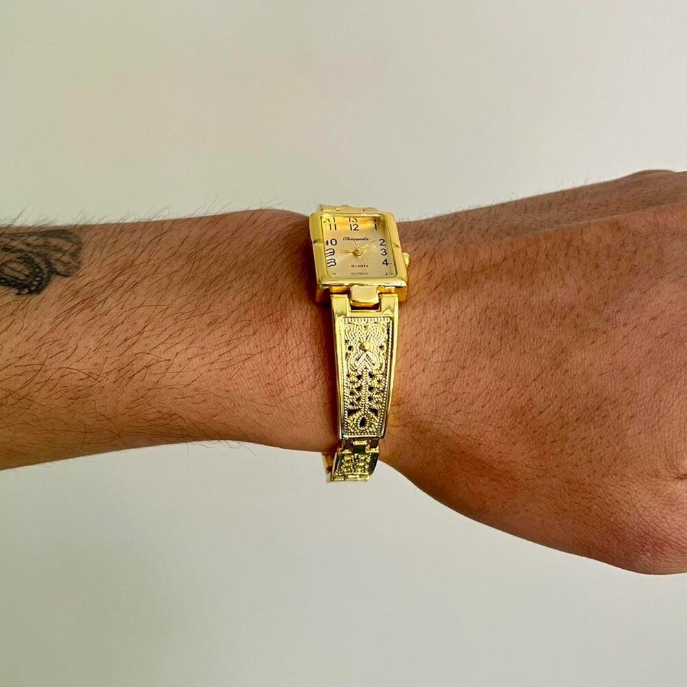 2000s vintage cute gold rectangle stainless steel quartz luxury watch - Picture 6 of 8